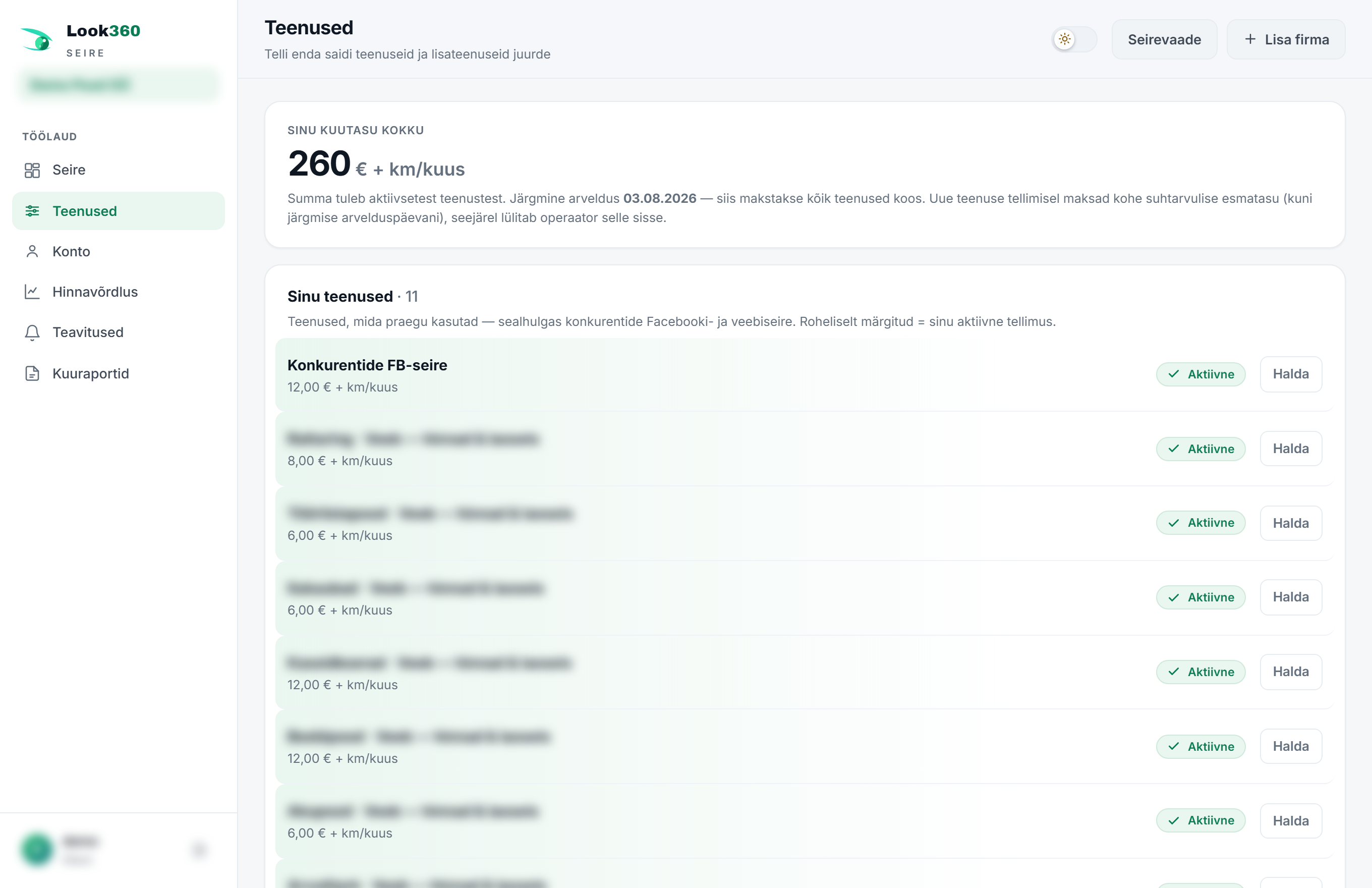 Teenused: kuutasu kokku ja aktiivsete teenuste nimekiri