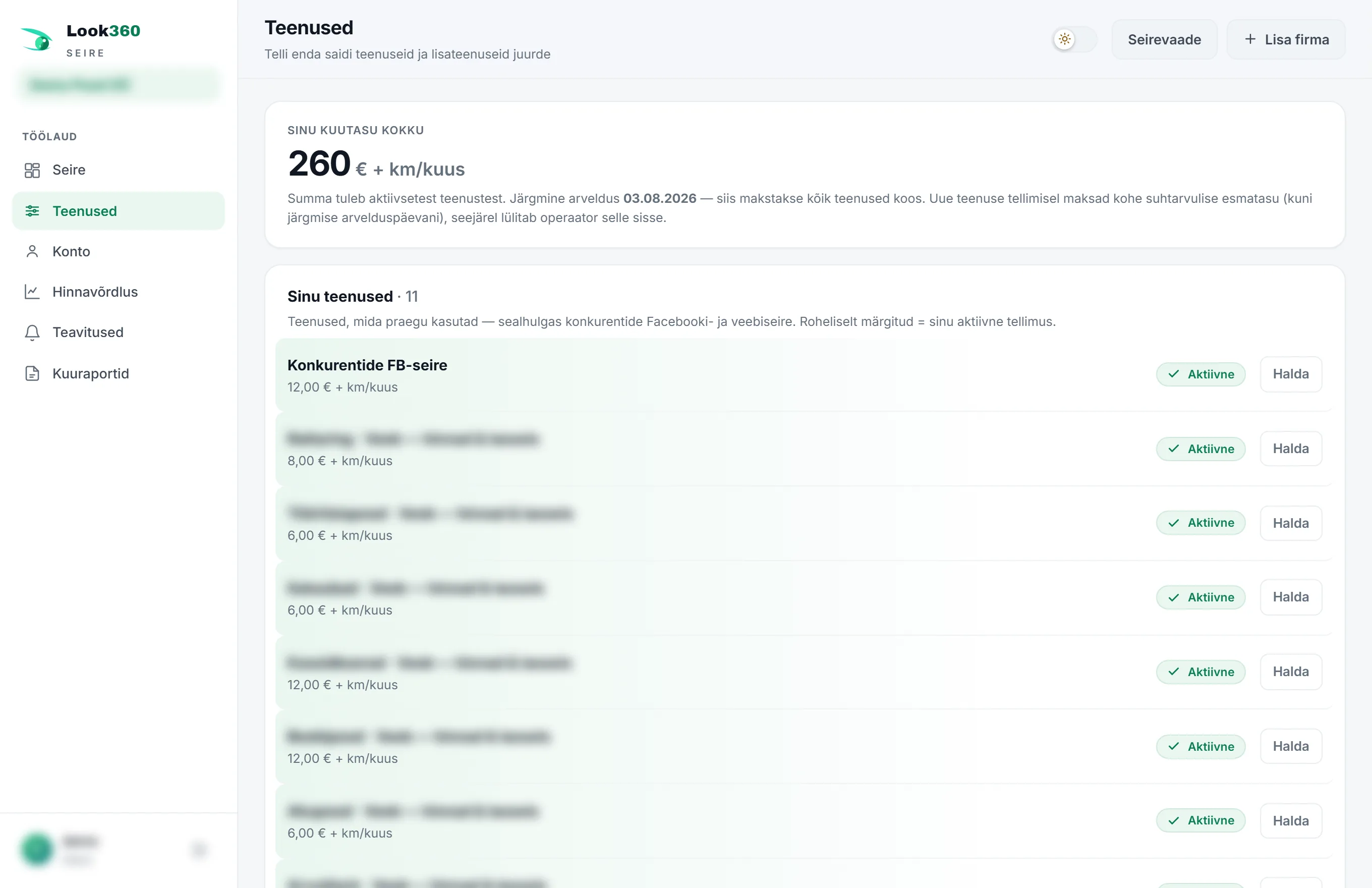 Teenused: kuutasu kokku ja aktiivsete teenuste nimekiri